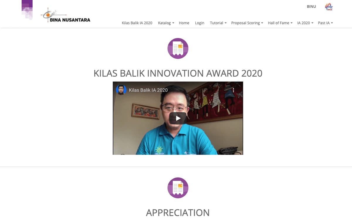 Screenshot of Binus Innovation Award